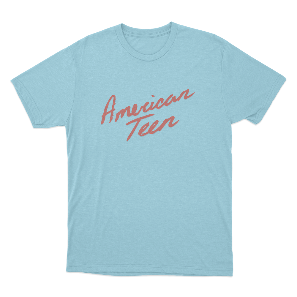 American Teen Red Script Unisex T Shirt Sky Blue American Teen Red Script Unisex T Shirt Sky Blue